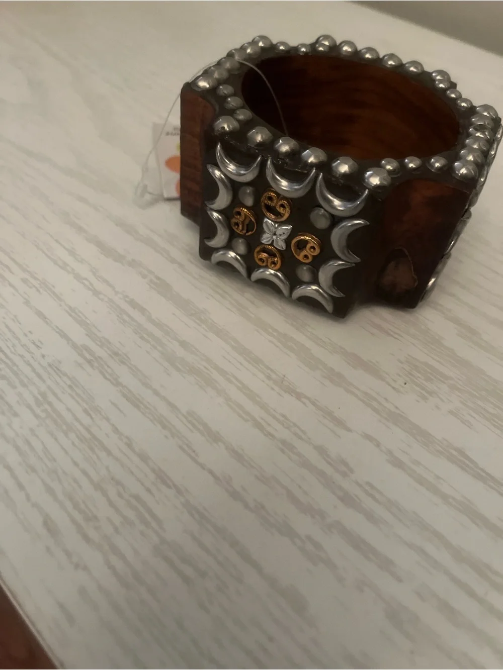 Decorative Brown Wood Cuff Bracelet with silver half moons and decorative flower